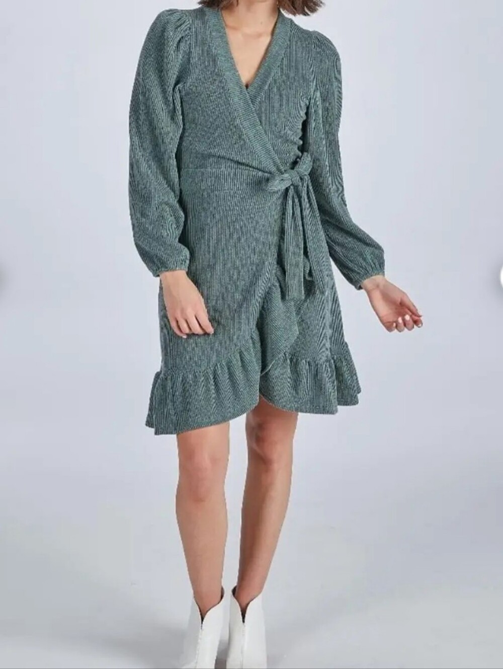 NWT Simply Southern Womens Wrap-Front Ruffle Hem Long-Sleeve Green Dress, Small